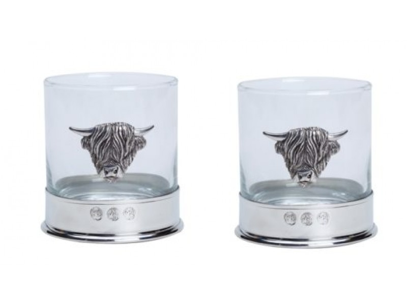 Pewterware Mounted Whisky Glass with a Highland Cow Motif in a Presentation Box of 2