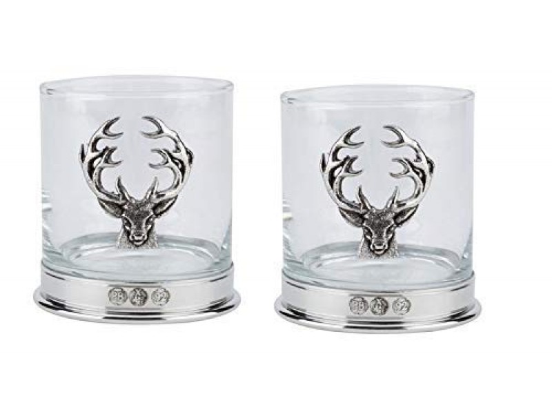 Pewterware Mounted Whisky Glass with a Stag’s Head Emblem in a Presentation Box of 2