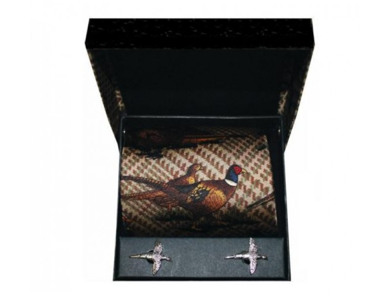 Soprano Brown Silk Tweed Pheasant Tie & Pheasant Cufflinks